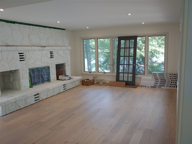 Interior flooring and fireplace